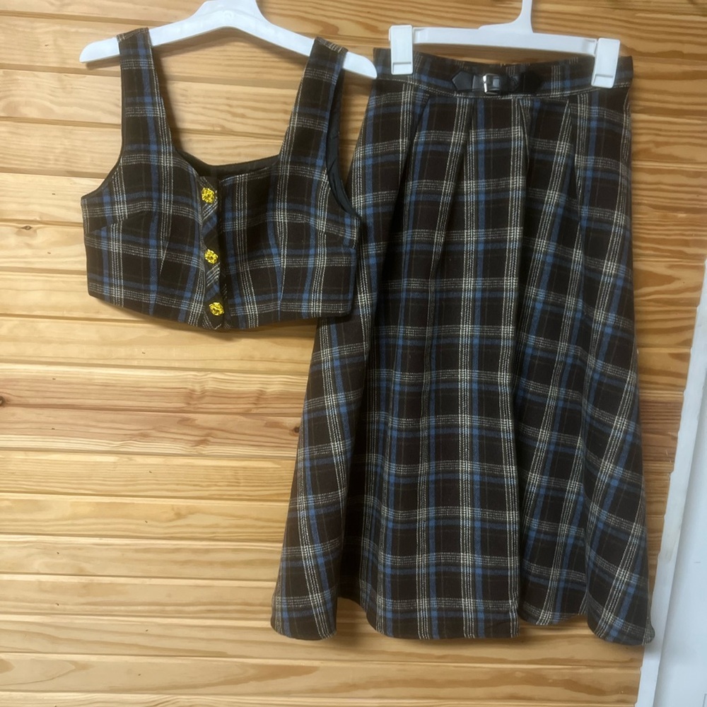Pleated Brown and Blue Midi A-Line Skirt Set